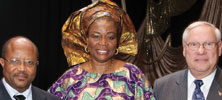 Madame Mayen Adetiba is pictured with outgoing GAMA president Exaud Mushi (left) and John Boyd (right), president of the International Federation of Consulting Engineers (FIDIC) to which GAMA belongs